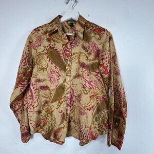 Lauren Ralph Lauren Womens Petite Medium Beige Paisley Button-Up Cotton Shirt